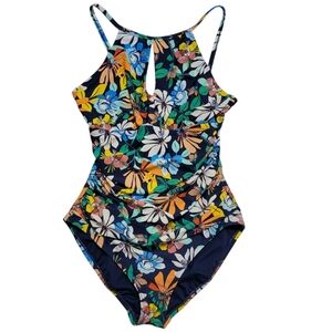 Ellen Tracy | Floral Keyhole High Neck Ruched Swimsuit One Piece Bathing Suit